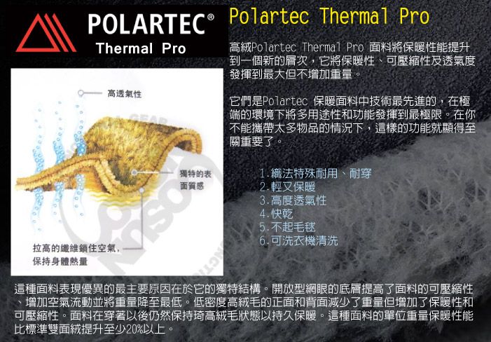 POLARTEC Polartec Thermal ProThermal Pro高透氣性獨特的表面質感高Polartec Thermal Pro 面料將保暖性能提升到一個新的層次,它將保暖性可壓縮性及透氣度發揮到最大但不增加重量。它們是Polartec 保暖面料中技術最先進的,在極端的環境下將多用途性和功能發揮到最極限。在你不能攜帶太多物品的情況下,這樣的功能就顯得至關重要了。1.織法特殊耐用、耐穿2.輕又保暖3.高度透氣性4. 快乾5.不起毛毬拉高的纖維空氣,保持身體熱量6.可洗衣機清洗這種面料表現優異的最主要原因在於它的獨特結構。開放型網眼的底層提高了面料的可壓縮性、增加空氣流動並將重量降至最低。低密度高絨毛的正面和背面減少了重量但增加了保暖性和可壓縮性。面料在穿著以後仍然保持高絨毛狀態以持久保暖。這種面料的單位重量保暖性能比標準雙面絨提升至少20%以上。