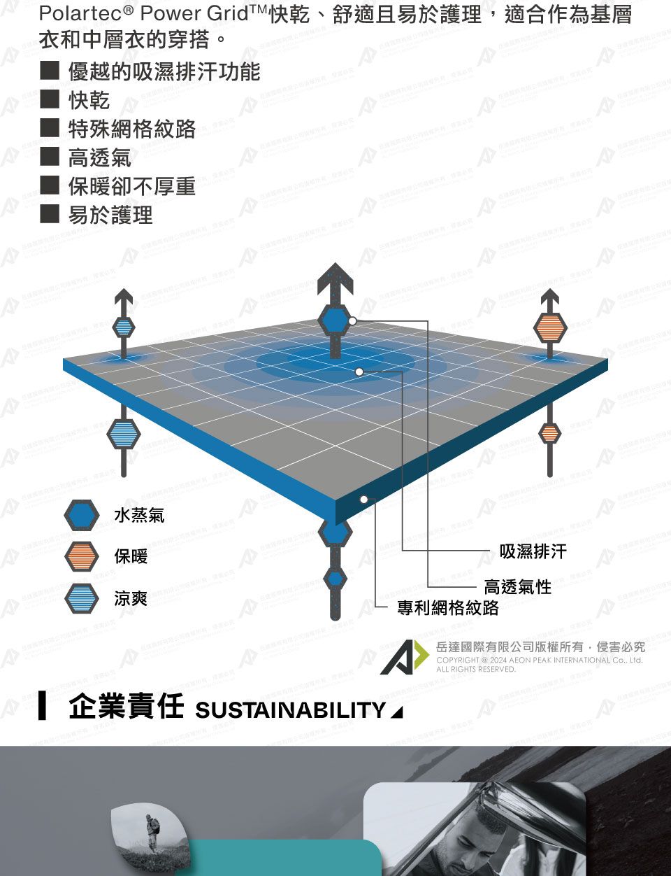 快乾高透氣特殊網格易於護理保暖卻不厚重olartec ® Power Grid快乾、舒適且易於護理適合作為基層衣和中層衣的穿搭。優越的吸濕排汗功能水蒸氣保暖涼爽 企業責任 SUSTINABILITY AP吸濕排汗高透氣性專利網格紋路岳達國際有限公司版權所有侵害必究COPYRIGHT @ 2024 AEON PEAK INTERNATIONAL , LtdALL RIGHTS RESERVED.