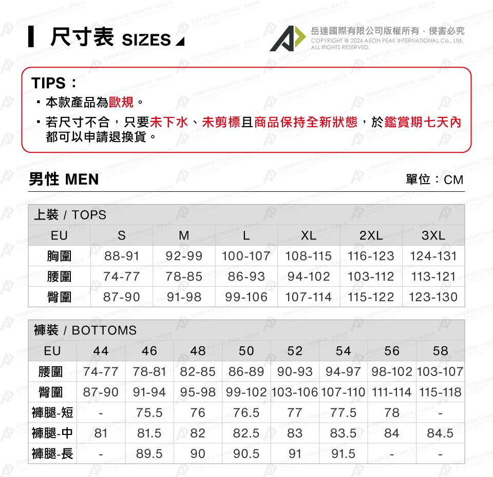 尺寸表 SIZES 岳達國際有限公司版權所有侵害必究COPYRIGHT  2024 AEON PEAK INTERNATIONAL Co, Ltd.ALL RIGHTS RESERVED.TIPS本款產品為歐規。若尺寸不合,只要未下水、未剪標且商品保持全新狀態,於鑑賞期七天內都可以申請退換貨。男性 MEN單位:CM上裝 / TOPSEU胸圍S8891腰圍 74-77臀圍 87-90MLXL2XL3XL92-99 100-10778-85 86-9391-98 99-106108-115116-123 124-13194-102103-112 113-121107-114 115-122 123-130褲裝 / BOTTOMSAEU腰圍4474-77 78-814648505254565882-85 86-89 90-93 94-97 98-102 103-107臀圍 87-90 91-9495-98 99-102 103-106 107-110 111-114 115-118褲腿-短-75.57676.57777.578-褲腿-中 8181.58282.58383.58484.5褲腿-長-89.59090.59191.5-