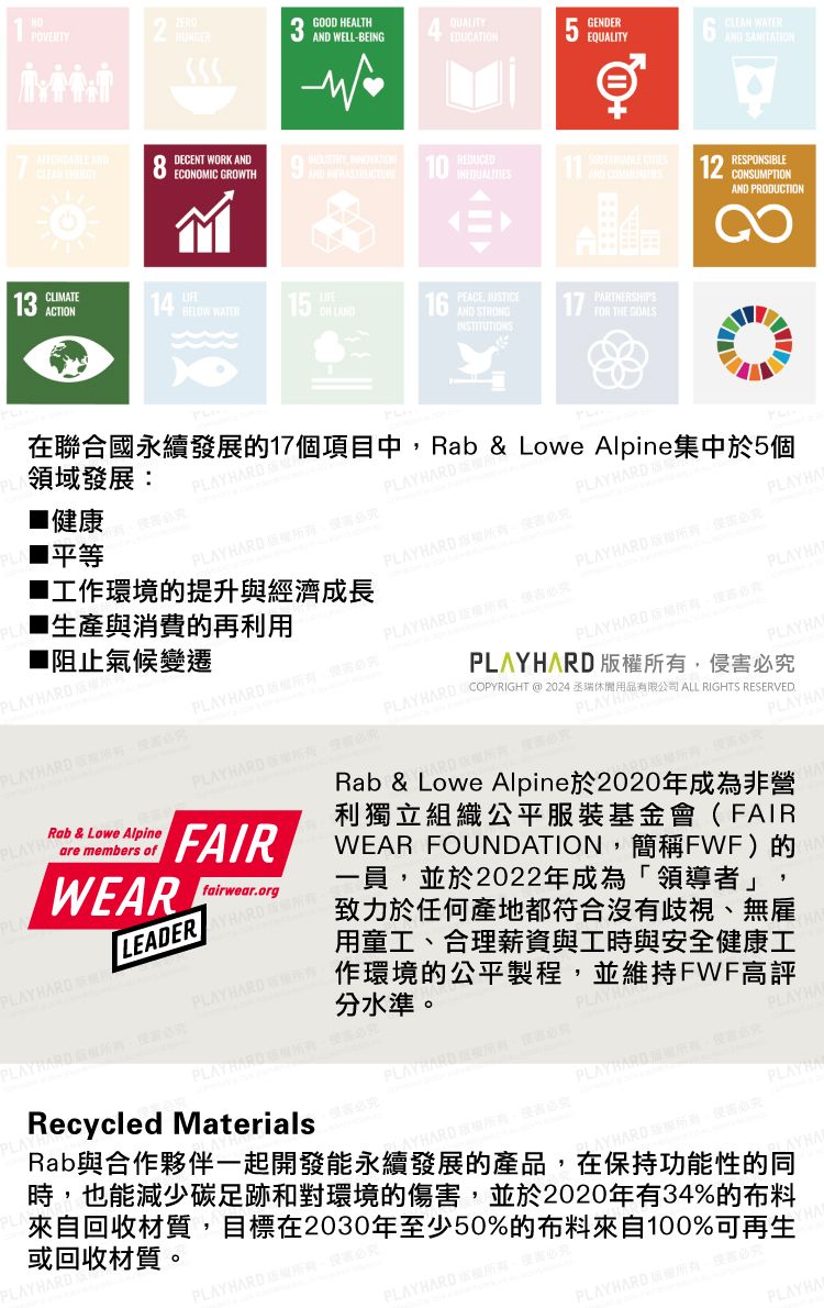 POVERTYGOOD HEALTH  ELLEINGWQUALITYEDUCATIDECENT WORK ANDECONOIC GROWTH слGENDEREQUALITYCLEAN WATER AND MCLIMATE4ACTIONBELOW  ON   PARTNERSHIPSAND STRONGFOR THE GOALS12 RESPONSIBLECONSUMPTIONAND PRODUCTION 在聯合國永續發展的17個項目中Rab & Lowe Alpine集中於5個領域發展:■ 健康1D  APL PLAY PLAYHAPL 1工作環境的升與經濟成長生產與消費的再利用■阻止氣候變遷PLAYHARDPLAYHARD 提Rab & Lowe Alpine members ofWEARPLAYHARDPLAYHARD FAIRfairwearorgLEADER PLAYHARD-PLAYHARDPLAY HARD 必究PLAYHARD 必究PLAYHAPLAYHARD COPYRIGHT @ 2024丞瑞休閒用品有限公司 ALL RIGHTS RESERVED.PLAYHARPLAYHARab & Lowe Alpine於2020年成為非營利獨立組織公平服裝基金會FAIRWEAR FOUNDATION簡稱FWF的一員並於2022年成為「領導者」致力於任何產地都符合沒有歧視無雇用童工、合理薪資與工時與安全健康工作環境的公平製程並維持FWF高評分水準必Recycled MaterialsPLAY HARD究(B)AYHARD ,必究。PLAYPLAYHAPLAY HARD,必究PLAYHAYHARD ,必究Rab與合作夥伴一起開發能永續發展的產品,在保持功能性的同時,也能減少碳足跡和對環境的傷害,並於2020年有34%的布料來自回收材質,目標在2030年至少50%的布料來自100%可再生或回收材質。PLAYHARPLAY HARD ,侵害必PLAYHARD 、PLAYHARD 版權所有,必只PLAYHA