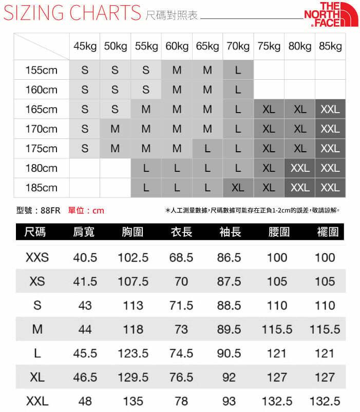 IZING CHARTS THENORTH.FACE45kg 50kg 55kg 60kg 65kg 70kg 75kg 80kg 85kg155cm160cm165cm170cm175cm180cmSSSSSSSSSΣΣΣΣ MΣMLM LLXLXL XXLLXLXL XXLMMLLXLXL XXLLLLLXLXXL XXL185cmLLLXLXLXXL XXL型號:88FR 單位:cm*人工測量數據,尺碼數據可能存在正負1-2cm的誤差,敬請。尺碼 肩寬胸圍衣長袖長腰圍擺圍X 40.5102.568.586.5100100XS41.5107.57087.5105105S4311371.588.5110110Σ441187389.5115.5115.5L45.5123.574.590.5121121XL46.5129.576.592127127XXL481357893132.5132.5