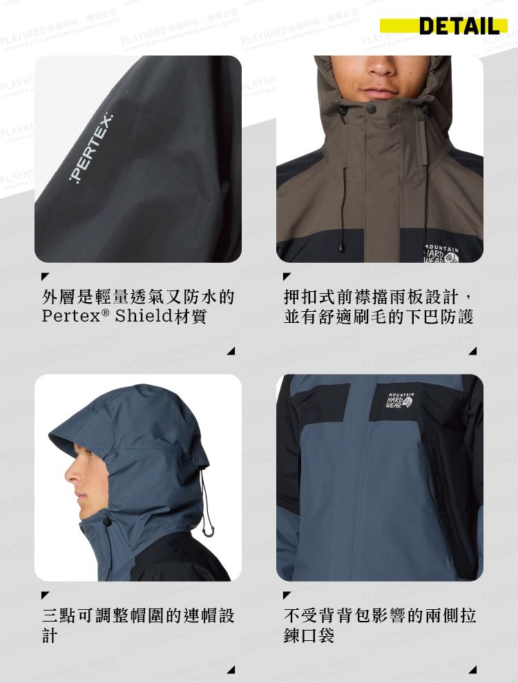 PLAY RD 權PLAYHAPLAYHAPERTEXPLAYHARD PLAYHARD 版所有必究PLAY HADETAILPLAYHA外層是輕量透氣又防水的Pertex® Shield材質押扣式前襟擋雨板設計,並有舒適刷毛的下巴防護MOUNTAINHARD三點可調整帽圍的連帽設計不受背背包影響的兩側拉鍊口袋