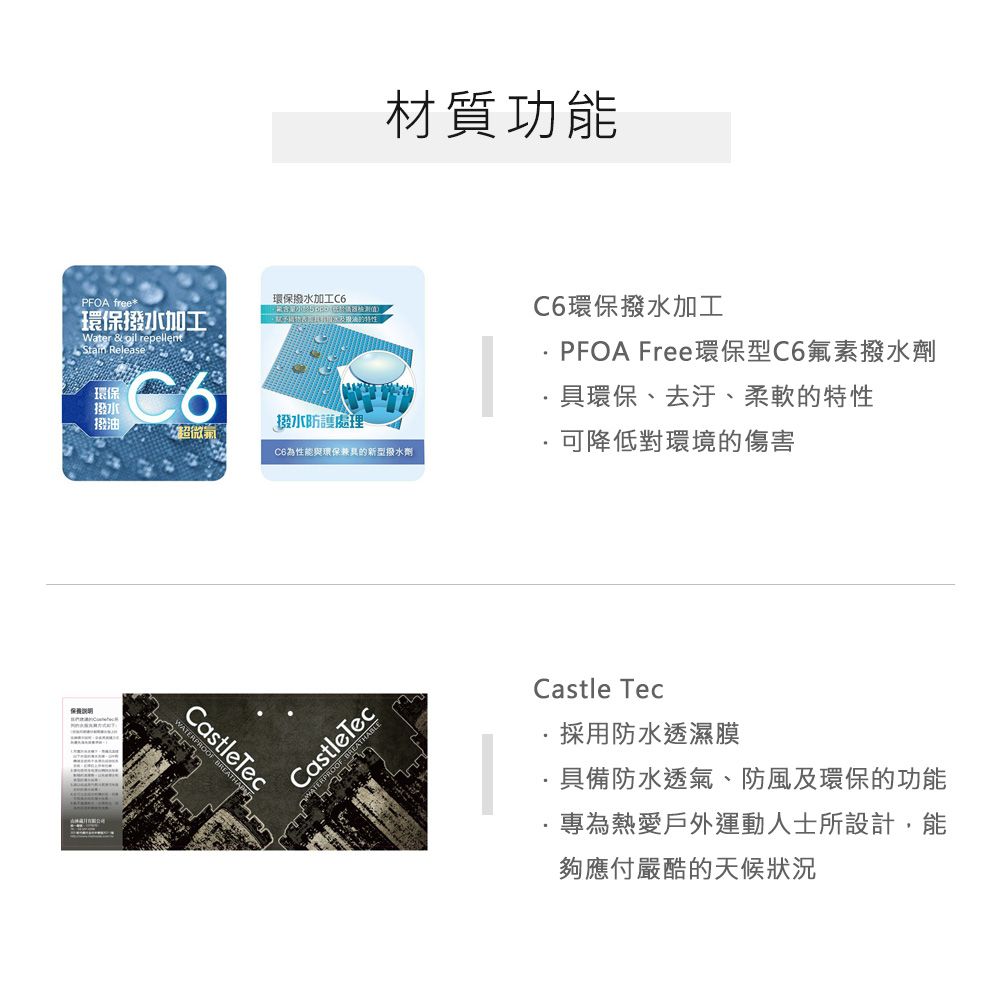 材質功能PFOA free*環保水加工C6環保撥水加工環保撥水加工Water &  repellent Release環保撥水撥油PFOA Free環保型C6氟素撥水劑具環保、去汙、柔軟的特性撥水防護處理超微C6為性能與環保兼具的新型撥水劑可降低對環境的傷害CastleTec  BREATHABLECastleTecCastle Tec採用防水透濕膜·具備防水透氣、防風及環保的功能專為熱愛戶外運動人士所設計,能夠應付嚴酷的天候狀況