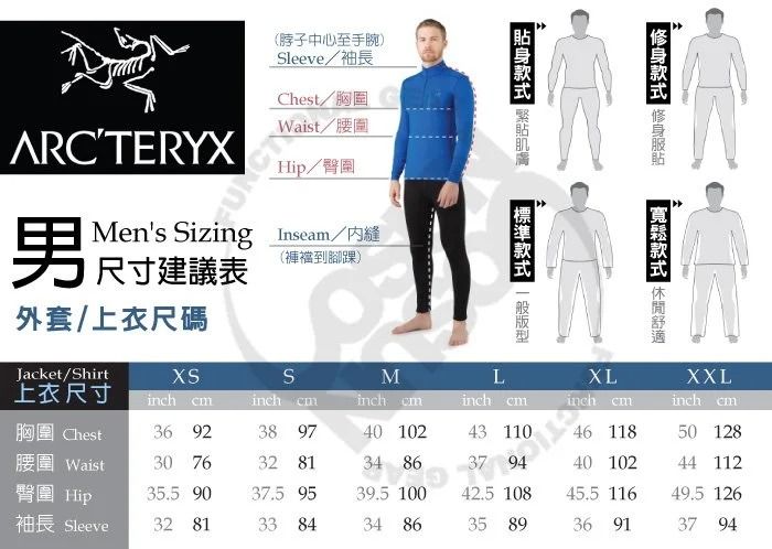 ARCTERYX男(脖子中心至手腕)leeve袖長Chest/胸圍Hip/臀圍Mens Sizing Inseam/縫尺寸建議表外套/上衣尺碼(褲襠到腳踝)Jacket/Shirt上衣尺寸XSSSinch cminch cmMinch cm胸圍 Chest36 9238 9740 102腰圍 Waist30 7632 8134 86臀圍 Hip35.5 9037.5 95袖長 Sleeve32 8133 8434 86   Linch cminch cm43 11046 118XXLinch cm50 12842.5 10840 10245.5 11644 11249.5 12635 8936 9137 94