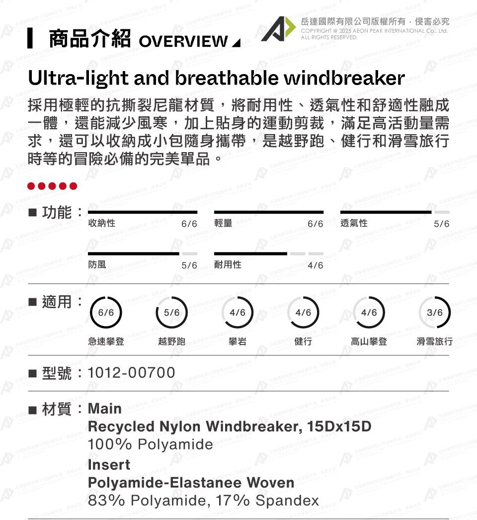 商品介紹 OVERVIEW 岳達國際有限公司版權所有侵害必究COPYRIGHT @ 2025 AEON PEAK INTERNATIONAL , LtdALL RIGHTS RESERVED.Ultra-light and breathable windbreaker採用極輕的抗撕裂尼龍材質,將耐用性、透氣性和舒適性融成一體,還能減少風寒,加上貼身的運動剪裁,滿足高活動量需求,還可以收納成包隨身攜帶,是越野跑、健行和滑雪旅行時等的冒險必備的完美單品。 功能:收納性6/6 輕量6/6透氣性5/6防風5/6 耐用性4/6 適用:6/65/64/64/64/63/6急速攀登越野跑攀岩健行山攀登滑雪旅行■ 型號:1012-00700■材質:MainRecycled Nylon Windbreaker, 15Dx15D100% PolyamideInsertPolyamide-Elastanee Woven83% Polyamide, 17% Spandex小