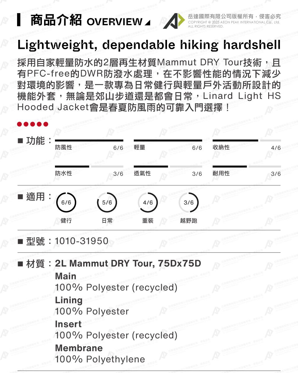 商品介紹 OVERVIEW岳達國際有限公司版權所有,侵害必究COPYRIGHT @ 2025 AEON PEAK INTERNATIONAL Co., Ltd.ALL RIGHTS RESERVED.Lightweight, dependable hiking hardshell採用自家輕量防水的2層再生材質Mammut DRY Tour技術,且有PFC-free的DWR防潑水處理,在不影響性能的情況下減少對環境的影響,是一款專為日常與輕量戶外活動所設計的機能外套,無論是郊山步道還是都會日常,Linard Light HSHooded Jacket會是春夏防風雨的可靠入門選擇!■ 功能:防風性6/6 輕量6/6 收納性4/6防水性3/6透氣性3/6耐用性3/6適用:6/65/64/63/6健行日常重裝越野跑A型號:1010-31950材質:2L Mammut DRY Tour, 75Dx75DMain100% Polyester (recycled)Lining100% PolyesterInsert100% Polyester (recycled)Membrane100% Polyethylene