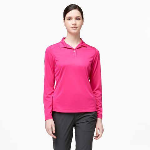 WILDLAND 荒野 女彈性透氣排汗POLO長袖衣桃紅色
