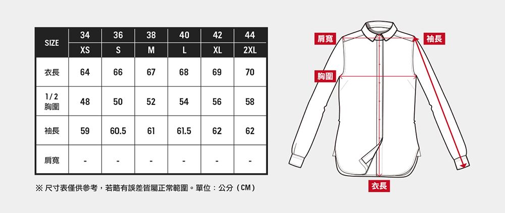 343638404244肩寬袖長IZEXSSMLXL2XL64衣長1/248胸圍50525658袖長5960.56161.562626766686970 胸圍肩寬※尺寸表僅供參考,若略有誤差皆屬正常範圍。單位:公分(CM)衣長