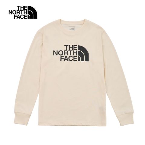 The North Face北面男女款米白色純棉品牌LOGO印花長袖上衣｜8D7RQLI