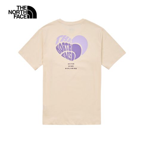 The North Face北面男女款米白色純棉心型LOGO印花短袖T恤｜8D7UQLI