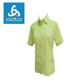 【瑞士ODLO】女短袖合身格子襯衫 501761 (蘋果綠格95150)