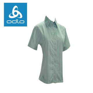 【瑞士ODLO】女短袖合身格子襯衫 501761 (灰綠格95160)