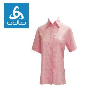 【瑞士ODLO】女短袖合身格子襯衫 501761 (粉紅格95180)