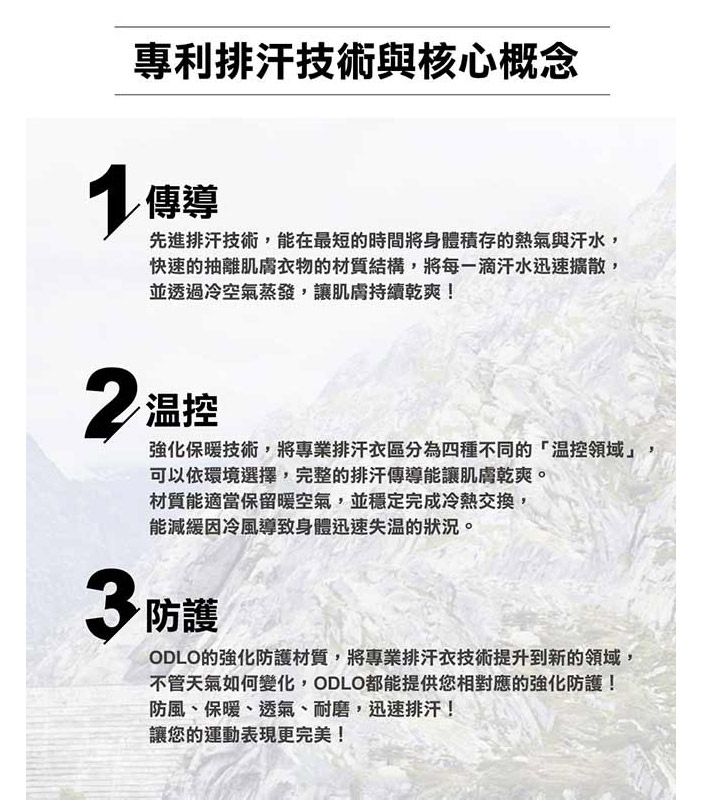 專利排汗技術與核心概念1傳導先進排汗技術,能在最短的時間將身體積存的熱氣與汗水,快速的抽離肌膚衣物的材質結構,將每一滴汗水迅速擴散,並透過冷空氣蒸發,讓肌膚持續乾爽! 強化保暖技術,將專業排汗衣區分為四種不同的「温控領域可以依環境選擇,完整的排汗傳導能讓肌膚乾爽。材質能適當保留暖空氣,並穩定完成冷熱交換,能減緩因冷風導致身體迅速失温的狀況。3 防護ODLO的強化防護材質,將專業排汗衣技術提升到新的領域,不管天氣如何變化,ODLO都能提供您相對應的強化防護!防風、保暖、透氣、耐磨,迅速排汗!讓您的運動表現更完美!