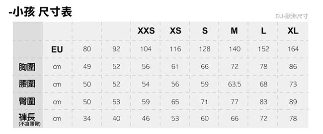 -小孩 尺寸表EU-歐洲尺寸X XSSMLXLEU80દદст胸圍腰圍臀圍5059褲長ст34(不含5049921041161281152164525661667278865254565963.5687340406571465360778389667278