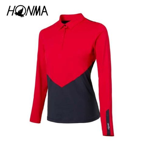 HONMA 本間高爾夫 女款撞色長袖POLO衫 日本高爾夫專業品牌(M-L 紅色 HWHQ700R909)