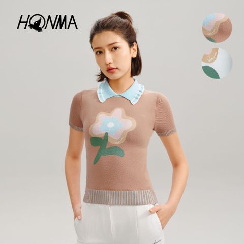 HONMA 本間高爾夫 女款花朵針織涼感短袖POLO衫 日本高爾夫專業品牌(XS-L 焦糖色 白色任選HWKC707H122)