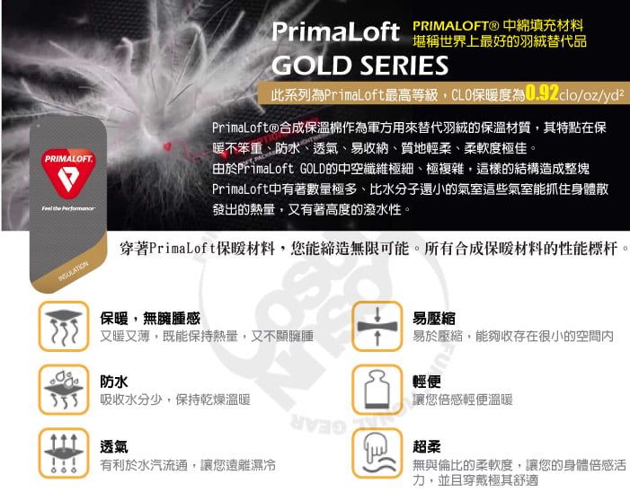 PRIMALOFT  Primaloft PRIMALOFT@ 中綿填充材料堪稱世界上最好的羽絨替代品GOLD SERIES此系列為Primaloft最高等級,保暖度為oz/yd²Primaloft®合成保溫棉作為軍方用來替代羽絨的保溫材質,其特點在保暖不笨重防水透氣、易收納、質地輕柔、柔軟度極佳。由於PrimaLoft GOLD的中空纖維極細、極複雜,這樣的結構造成整塊PrimaLoft中有著數量極多、比水分子還小的氣室這些氣室能抓住身體散發出的熱量,又有著高度的潑水性。穿著Primaloft保暖材料,您能締造無限可能。所有合成保暖材料的性能標杆。易壓縮保暖,無臃腫感易於壓縮,能夠收存在很小的空間內又暖又薄,既能保持熱量,又不顯臃腫 防水 吸收水分少,保持乾燥溫暖透氣有利於水汽流通,讓您遠離濕冷輕便讓您倍感輕便溫暖超柔無與倫比的柔軟度,讓您的身體倍感活力,並且穿戴極其舒適