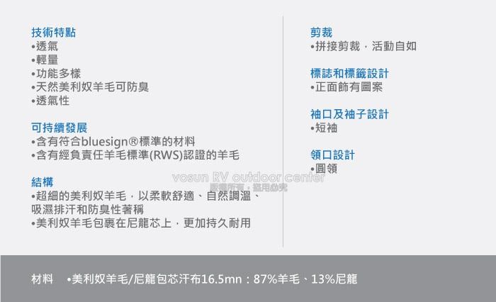 技術特點透氣輕量功能多樣天然美利奴羊毛可防臭透氣性可持續發展含有符合bluesign®標準的材料含有經負責任羊毛標準(RWS)認證的羊毛結構剪裁拼接剪裁活動自如標誌和標籤設計正面有袖口及袖子設計短袖領口設計圓領vosun RV outdoor center超細的美利奴羊毛以柔軟舒適、自然調溫、吸濕排汗和防臭性著稱·美利奴羊毛包裹在尼龍芯上,更加持久耐用材料 •美利奴羊毛/尼龍包芯汗布16.5mn:87%羊毛、13%尼龍