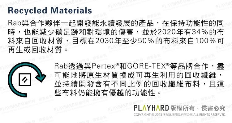 YRDPLAPLAAYHARDRecycled MaterialsRDRab與合作夥伴一起開發能永續發展的產品在保持功能性的同時,也能減少碳足跡和對環境的傷害,並於2020年34%的布料來自回收材質,目標在2030年至少50%的布料來自100%可再生或回收材質。PLAYHAPLA ,必究PLAYPLAYPLAYHARab透過與Pertex®和GORE-TEX®等品牌合作,盡可能地將原生材質換成可再生利用的回收纖維,並持續開發含有不同比例的回收纖維布料,且這些布料仍能擁有優越的功能性。PLAY HARD 有PLAYHARDWCOPYRIGHT @ 2023 丞瑞休閒用品有限公司 ALL RIGHTS RESERVEDPLAYHARD 版權所有,侵害必究HA