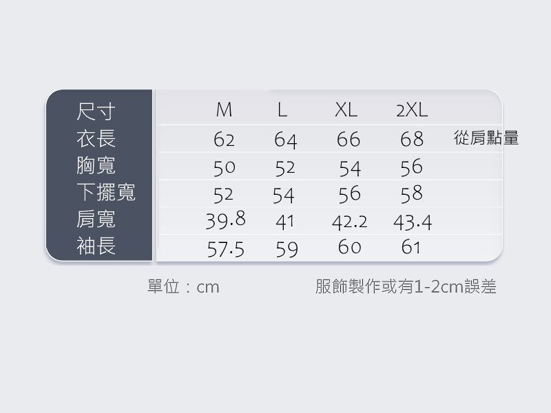 尺寸MLXL2XL衣長62646668從肩點量胸寬50525456下擺寬52545658肩寬39.84142.243.4袖長57.55960 61單位:cm服飾製作或有1-2cm誤差