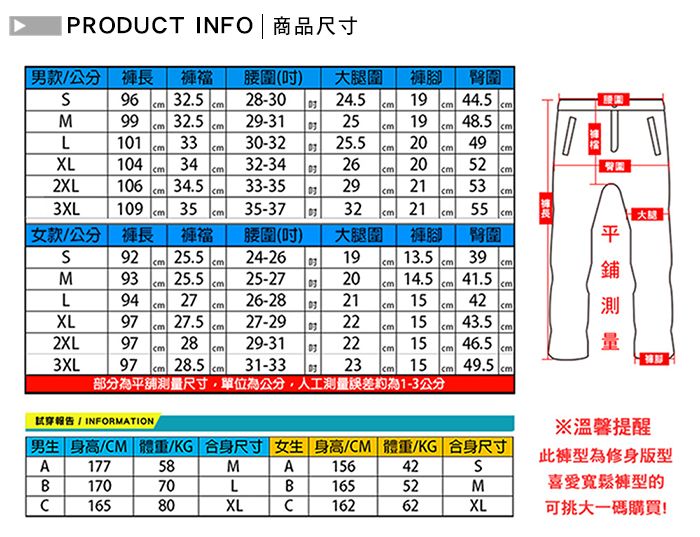 PRODUT  男款公分長 襠 腰圍()大腿圍腳 96  28-3024519  44.5M99  32.529-3125L1013330-3225.5 c 20 49XL104 3432-3426 19  48.520  522XL106  34.533-3529  21 533XL109  3535-37 32  21 55女款公分長 褲襠腰圍()大腿圍褲腳臀圍92  24-2619M93 25.525-272014.5 41.539cL94  2726-2821XL97 cm 27.527-2922cmcm15 cm 4215 m 43.5cmcm2XL972829-312215cmcmcmcm46.5 m3XLcm97 28.531-33cm23cm 15 cm49.5cm部分為平舖測量尺寸單位為公分,人工測量誤差約為1-3公分大腿試穿報告/INFORMATION. 男生 身高/M 體重/KG 合身尺寸 女生 身高/CM 體重/KG 合身尺寸A17758MA1564217070LB16552MC16580XLC16262XL※溫馨提醒此褲型為修身版型喜愛寬鬆褲型的可挑大一碼購買!