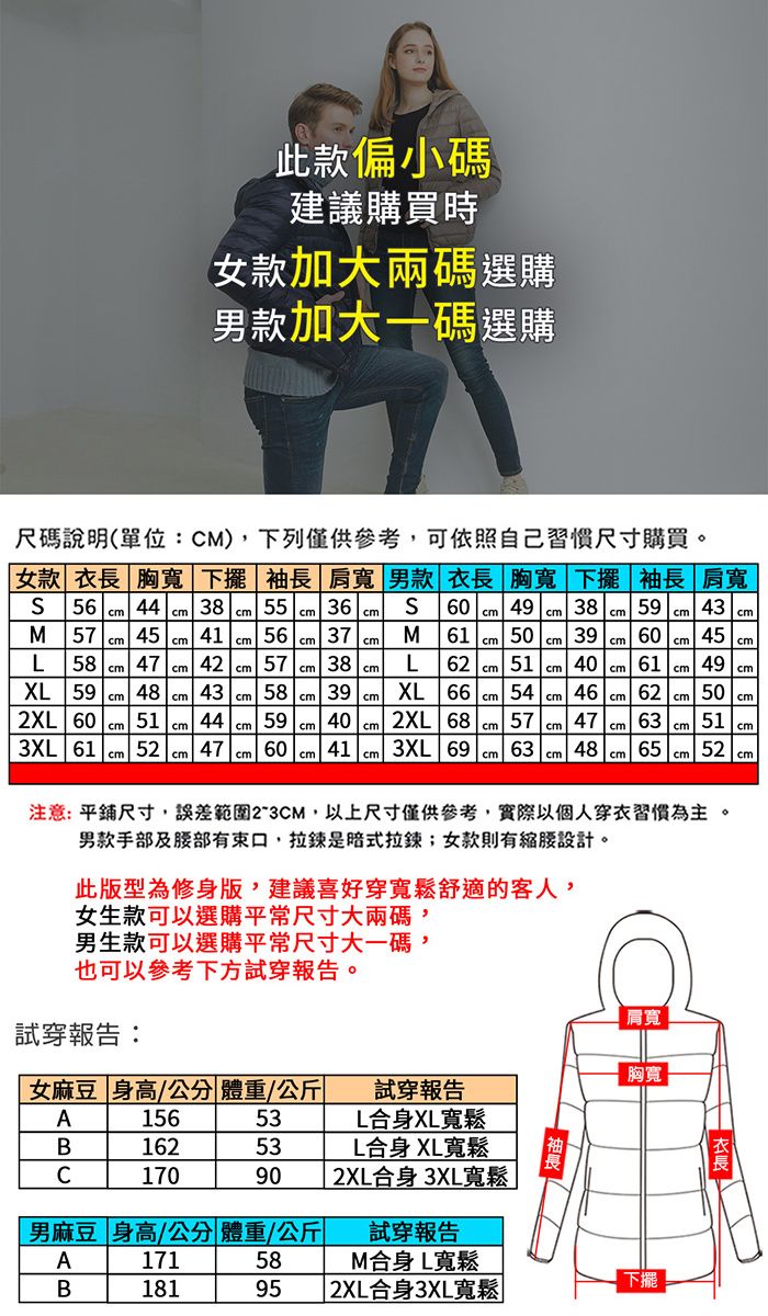 此款偏小碼建議購買時女款加大碼選購男款加大一碼選購尺碼說明(單位:M),下列僅供參考,可依照自己習慣尺寸購買。女款 衣長 胸寬 下擺 袖長 肩寬 男款 衣長 胸寬 下擺 袖長 肩寬4350 39  60 45 56 44 38 55 36   60 49 38 59M57 cm 45 cm 4 cm 56 cm 37 cm ML58 cm 47 cm 42 cm57 cm 38LXLcm59 48 cm 43 cm 58 39 cmcmXL 2XL 60 cm 51cm44 cm59 40 2XLcmcmcmcmcmcm6162 cm 51 40 cm 61 cm 49 cm66 cm 54 cm 46 cm 62 cm 50 cm68 57 47cm3XL 61 cm 52 47 60 41 3XL 69 63cmcmcmcm1 cmcm 63 cm51cm48 65 cm 52 cm注意:平鋪尺寸,誤差範圍2-3CM,以上尺寸僅供參考,實際以個人穿衣習慣為主。男款手部及部有束口,拉鍊是暗式拉鍊;女款則有縮腰設計。此版型修身版,建議喜好穿寬鬆舒適的客人,女生款可以選購平常尺寸大兩碼,男生款可以選購平常尺寸大一碼,也可以參考下方試穿報告。試穿報告:女麻豆 身高公分 體重/公斤試穿報告A15653L合身XL寬鬆B16253L合身 XL寬鬆C170902XL合身 3XL寬鬆男麻豆 身高/公分 體重/公斤試穿報告A17158M合身L寬鬆B18195 2XL合身3XL寬鬆下擺