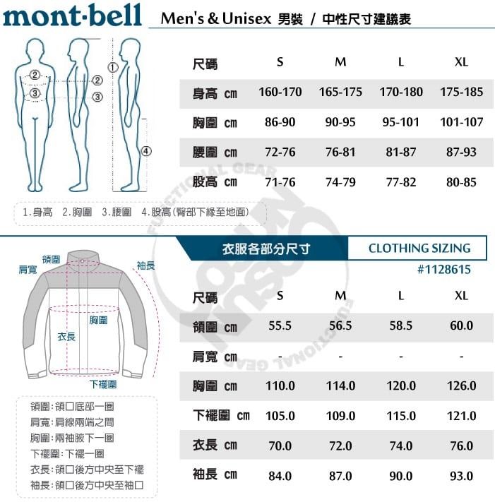 montbell Men's & Unisex 尺碼MLXL身高 160-170 165-175 170-180 175-185 86-9090-9595-101 101-107腰 72-7676-8181-8787-93ст71-7674-7977-8280-851.身高 2.胸圍 3.腰圍4.股高(下緣地面)衣服各部分尺寸CLOTHING IZING領圍肩寬#1128615尺碼SMLXL|胸圍衣長領圍  55.5肩寬 58.560.0下擺圍胸圍 110.0114.0120.0126.0領圍 底部一肩寬肩線兩端之間胸圍兩袖一圈下擺圍一圈 105.0109.0115.0121.0衣長 70.072.074.076.0衣長: 後方中央至下 84.087.090.093.0袖長: 領口後方中央至