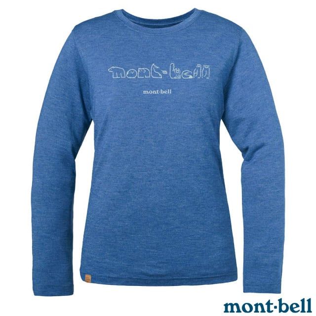 MONT-BELL 女 Merino Wool Plus 美麗諾羊毛保暖快乾長袖T恤(北方動物).圓領休閒運動上衣.內搭衣/1114618 BL 藍