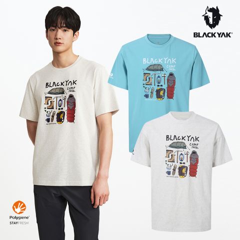 【BLACKYAK】MULTI CAMPING圖騰短袖上衣(燕麥色/綠松石)-吸濕快乾 抗菌除臭 IU穿搭款|BYEB1NC504