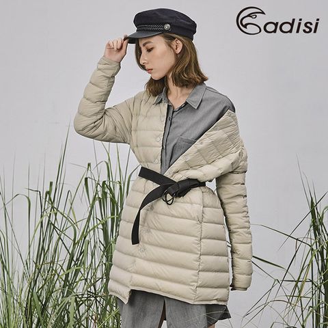 ADISI 女圓領彈性無縫撥水鵝絨長版外套【卡其】S-XL / 鵝絨FP750+撥水防絨布