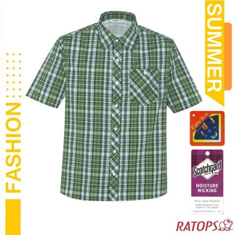 RATOPS 瑞多仕 男款 短袖彈性格子襯衫(胸前口袋/衣領設計).休閒衫.吸濕排汗衣_DA2504 叢林綠/翠綠