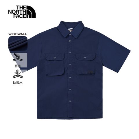 The North Face北面男款藍色DWR防潑水短袖襯衫｜8C0W8K2