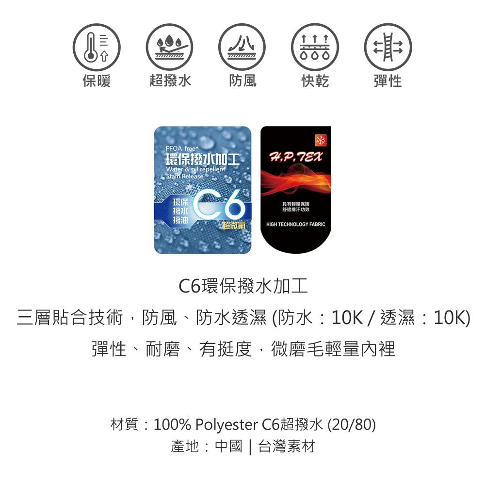 000保暖超撥水防風快乾FOA free*環保撥水加工Water &  repellent ReleaseP環保撥水具有輕量保暖舒適排汗功效撥油超微HIGH TECHNOLOGY FABRIC彈性C6環保撥水加工三層貼合技術防風、防水透濕(防水:10K/透濕:10K)彈性、耐磨、有挺度,微磨毛輕量內裡材質:100% Polyester C6超撥水 (20/80)產地:中國 | 台灣素材