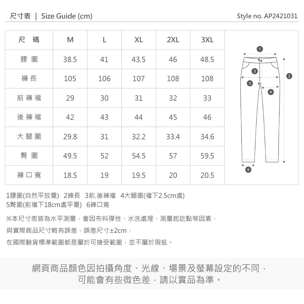 尺寸表  Size Guide (cm)尺碼MLXL2XL3XL腰圍38.541.54648.5褲長105106107108108前褲2930313233後褲襠4243434445454646大腿圍29.83132.233.434.6臀圍49.55254.55759.5褲口寬18.51919.52020.51腰圍(自然平放量) 2褲長 3前.後褲襠 4大腿圍(襠下2.5cm處)5臀圍(前襠下18cm處平量) 6褲口寬※本尺寸表皆為水平測量會因布料彈性、水洗處理、測量起訖點等因素,與實際商品尺寸略有誤差,誤差尺寸±2cm,在國際驗貨標準範圍都是屬於可接受範圍,並不屬於瑕疵。Style no. AP2421031網頁商品顏色因拍攝角度、光線、場景及螢幕設定的不同,可能會有些微色差,請以實品為準。