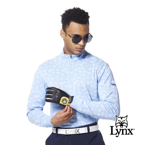 Lynx Golf 男款吸濕排汗滿版高爾夫元素組合印花造型長袖立領POLO衫/高爾夫球衫-灰藍色