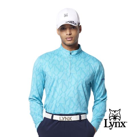 Lynx Golf 男款吸濕排汗滿版創意線條組合Lynx字樣印花長袖立領POLO衫/高爾夫球衫-藍綠色