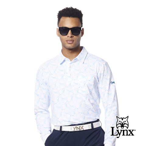 Lynx Golf 男款吸濕排汗滿版波浪線條球桿組合印花胸袋款長袖POLO衫/高爾夫球衫-水藍色