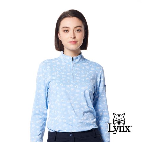 Lynx Golf 女款吸濕排汗滿版高爾夫元素組合印花造型長袖立領POLO衫/高爾夫球衫-灰藍色