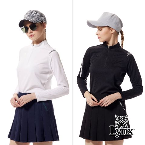 Lynx Golf 【首爾高桿風格】女款合身版吸溼排汗緹花配布剪接特殊領型膠印造型長袖立領POLO衫/高爾夫球衫(二色)