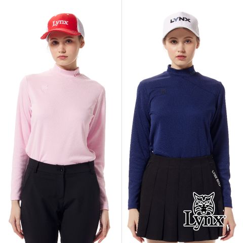 Lynx Golf 【首爾高桿風格】女款合身版吸溼排汗格紋緹花配布剪接素面造型長袖圓領POLO衫/高爾夫球衫(二色)