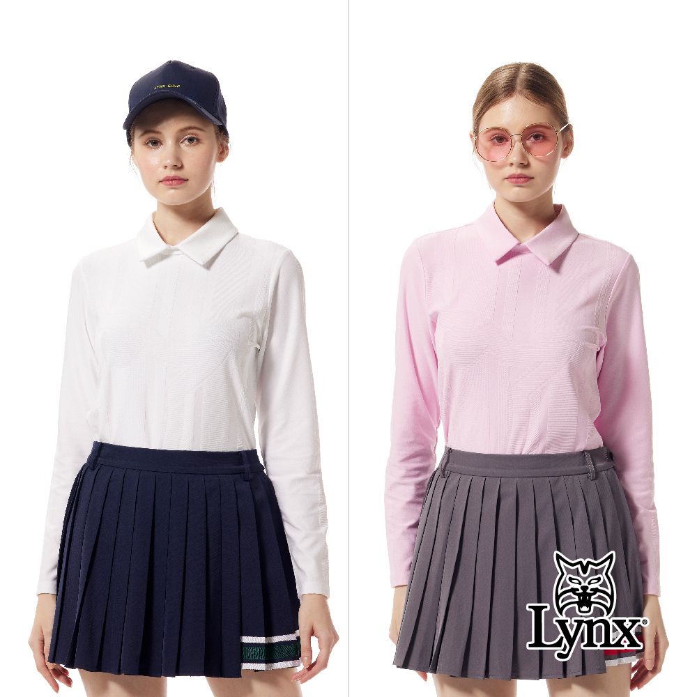 Lynx Golf 【首爾高桿風格】女款合身版吸排抗UV機能雙面精美造型後拉鍊織帶設計長袖POLO衫/高爾夫球衫(二色)