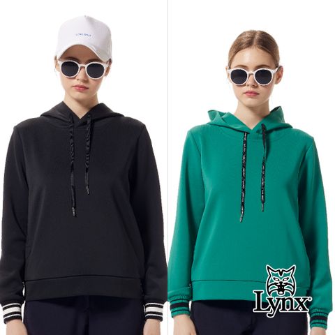 Lynx Golf 【首爾高桿風格】女款吸排機能極簡素面拉鍊口袋羅紋配條剪裁帽T長袖圓領POLO衫/高爾夫球衫(二色)