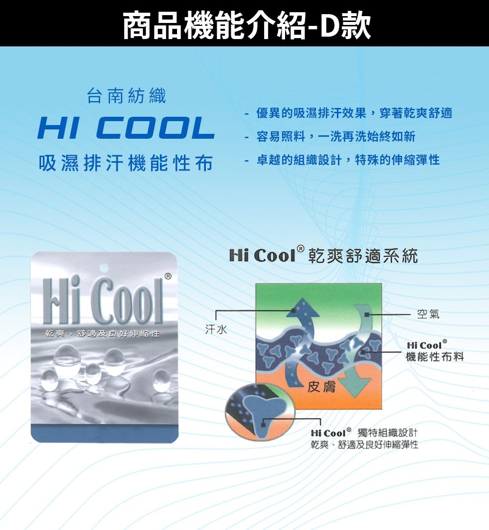 商品機能介紹-D款台南紡織HI COOL優異的吸濕排汗效果,穿著乾爽舒適容易照料,一洗再洗始終如新吸濕排汗機能性布卓越的組織設計,特殊的伸縮彈性Hi 汗水乾爽、舒適及良好伸縮性Hi Cool 乾爽舒適系統空氣 皮膚Hi Cool機能性布料Hi  獨特組織設計乾爽、舒適及良好伸縮彈性