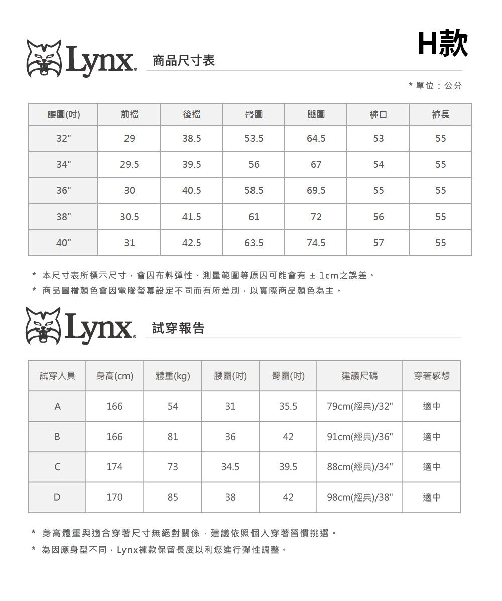 Lynx商品尺寸表H款單位:公分腰圍()前檔後檔臀圍腿圍褲口褲長322938553.564.5533429.539.556675455363040.558.569.55555553830.541.561725655403142.563.574.55755 本尺寸表所標示尺寸,會因布料彈性、測量範圍等原因可能會有±1cm之誤差。商品圖檔顏色會因電腦螢幕設定不同而有所差別,以實際商品顏色為主。. 報告試穿人員身高(cm)體重(kg)腰圍(吋) 臀圍(吋)建議尺碼穿著感想A1665431.579cm(經典)/32適中B16681364291cm(經典)/36適中1747334.539.588cm(經典)/34適中D1703585384298cm(經典)/38適中*身高體重與適合穿著尺寸無絕對關係,建議依照個人穿著習慣挑選。*為因應身型不同,Lynx褲款保留長度以利您進行彈性調整。