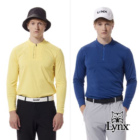 Lynx Golf 【首爾高桿風格】男款合身版吸排抗菌除臭機能羅紋配條領造型貼膜設計長袖立領POLO衫(二色)