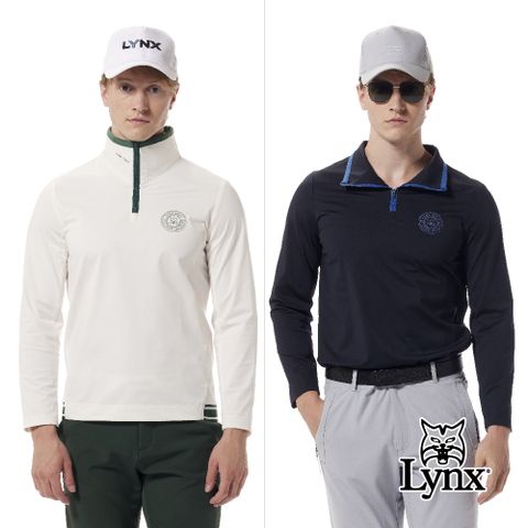 Lynx Golf 【首爾高桿風格】男款合身版彈性舒適羅紋下擺剪接立領造型山貓圖騰印花長袖POLO衫(二色)