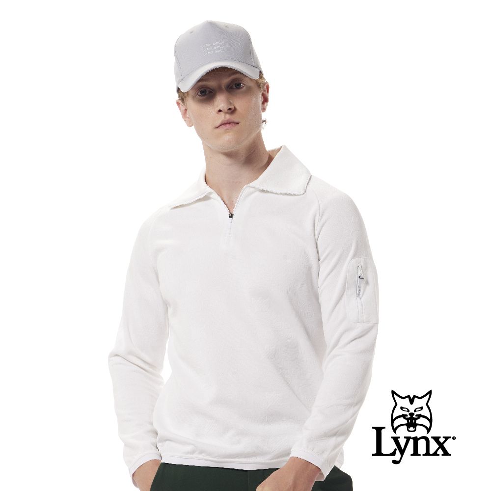 Lynx Golf 【首爾高桿風格】男款合身版吸排抗UV機能雙面緹花夜光織帶立領造型長袖POLO衫(二色)