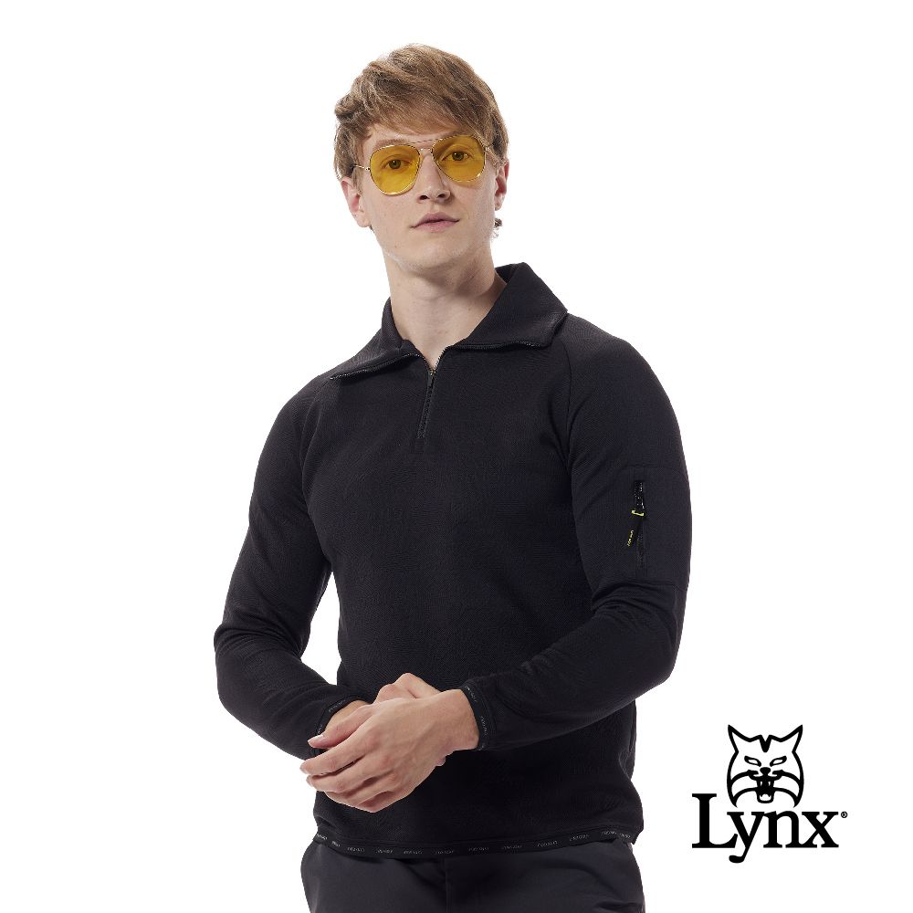 Lynx Golf 【首爾高桿風格】男款合身版吸排抗UV機能雙面緹花夜光織帶立領造型長袖POLO衫(二色)