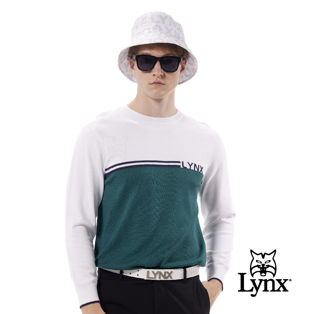 Lynx Golf 【首爾高桿風格】男款半身配色線衫款式大山貓緹花造型長袖POLO衫(三色)